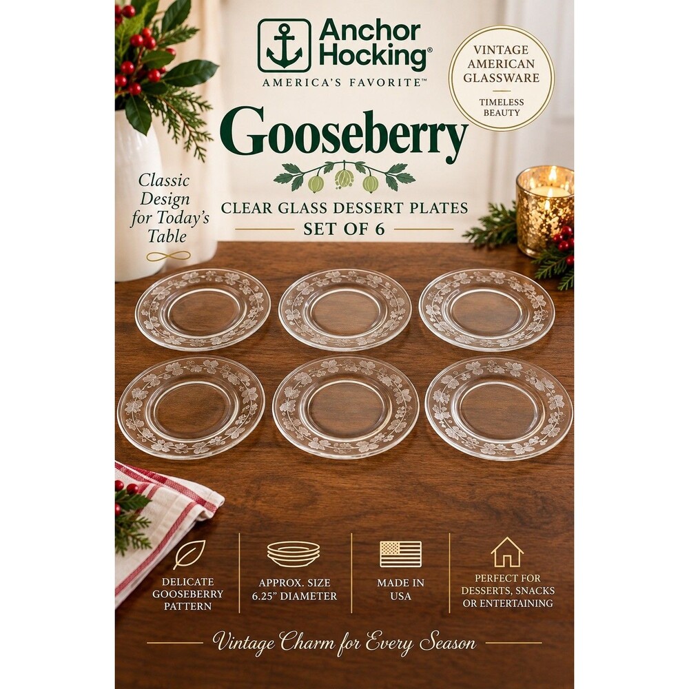 Vintage Anchor Hocking Gooseberry Clear Glass Dessert Plates – Set of 6